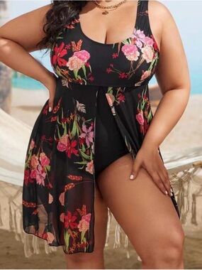 NWT SHEIN Swim Curve Plus Black Floral Split Front One Piece Swimsuit 3XL